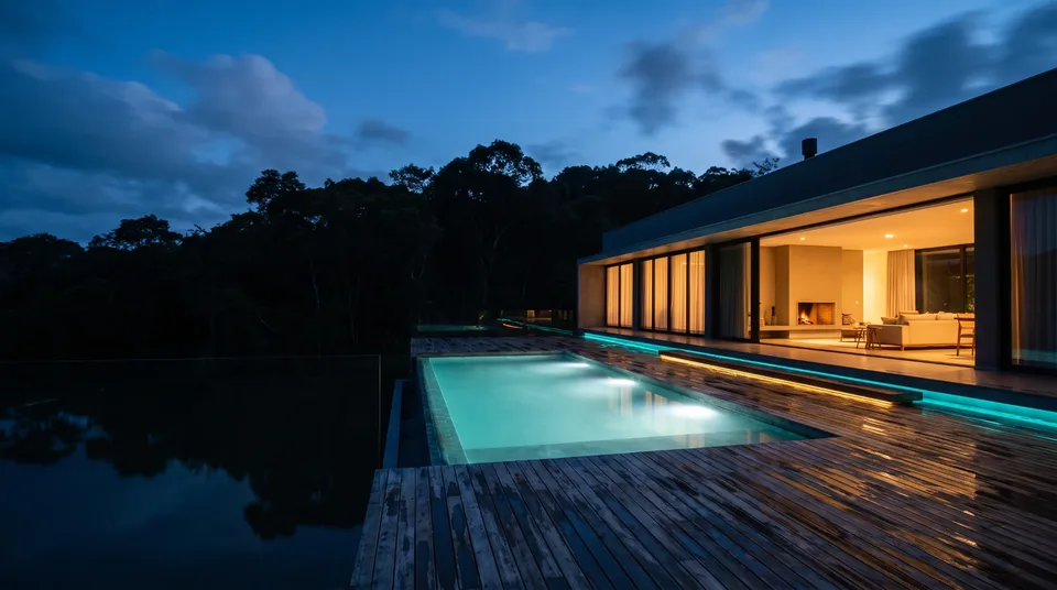 Piscina e sala com lareira acesa, vistas do deck