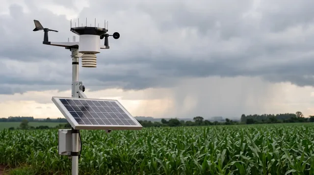 Estação meteorológica num milharal, com chuva ao fundo
