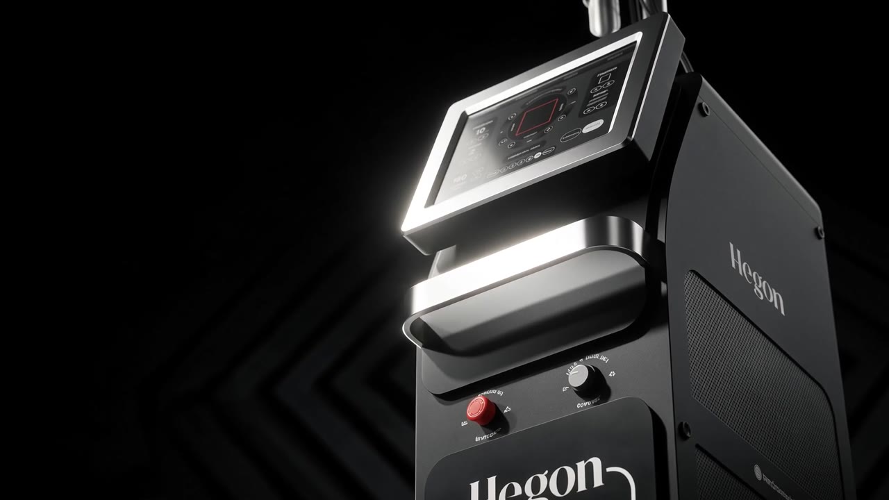 Painel de controle iluminado do equipamento Hegon, sobre fundo preto