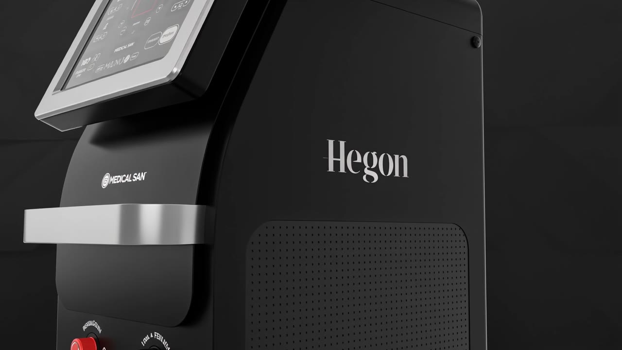 Detalhe da lateral do equipamento Hegon, com os logotipos Hegon e Medical San